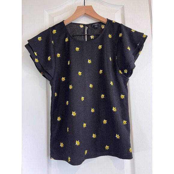 Ann Taylor Factory Black Yellow Floral Flutter Sleeve Blouse Top Women's Size XS - Picture 1 of 8